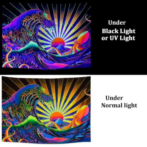Black Light Great Wave Dark Neon Wall Art Blacklight Octopus Sunrise Tapestry